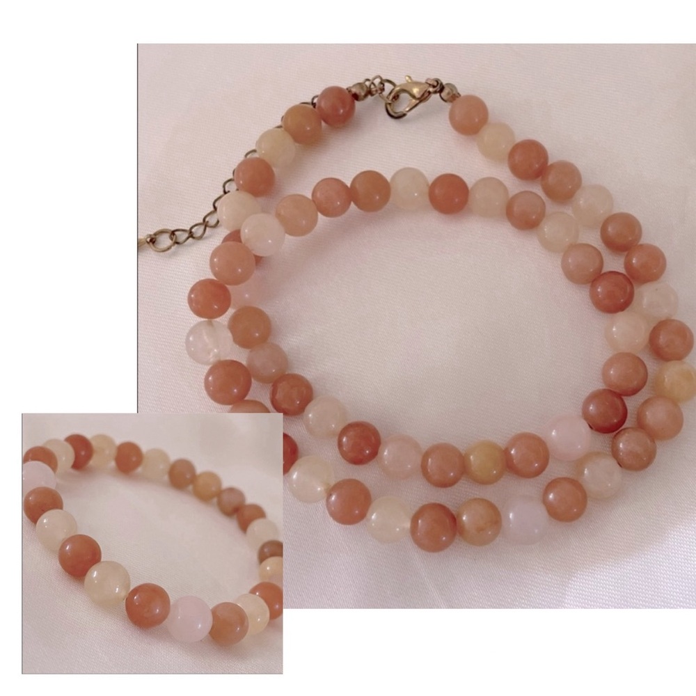 Vintage Agate Natural Stone Orange Cream Round Beaded Boho Necklace Bracelet Set